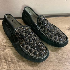 Women's PRIMIGI Black Leather LABUAN-E Rhinestone DRIVING Moccasins LOAFERS  37